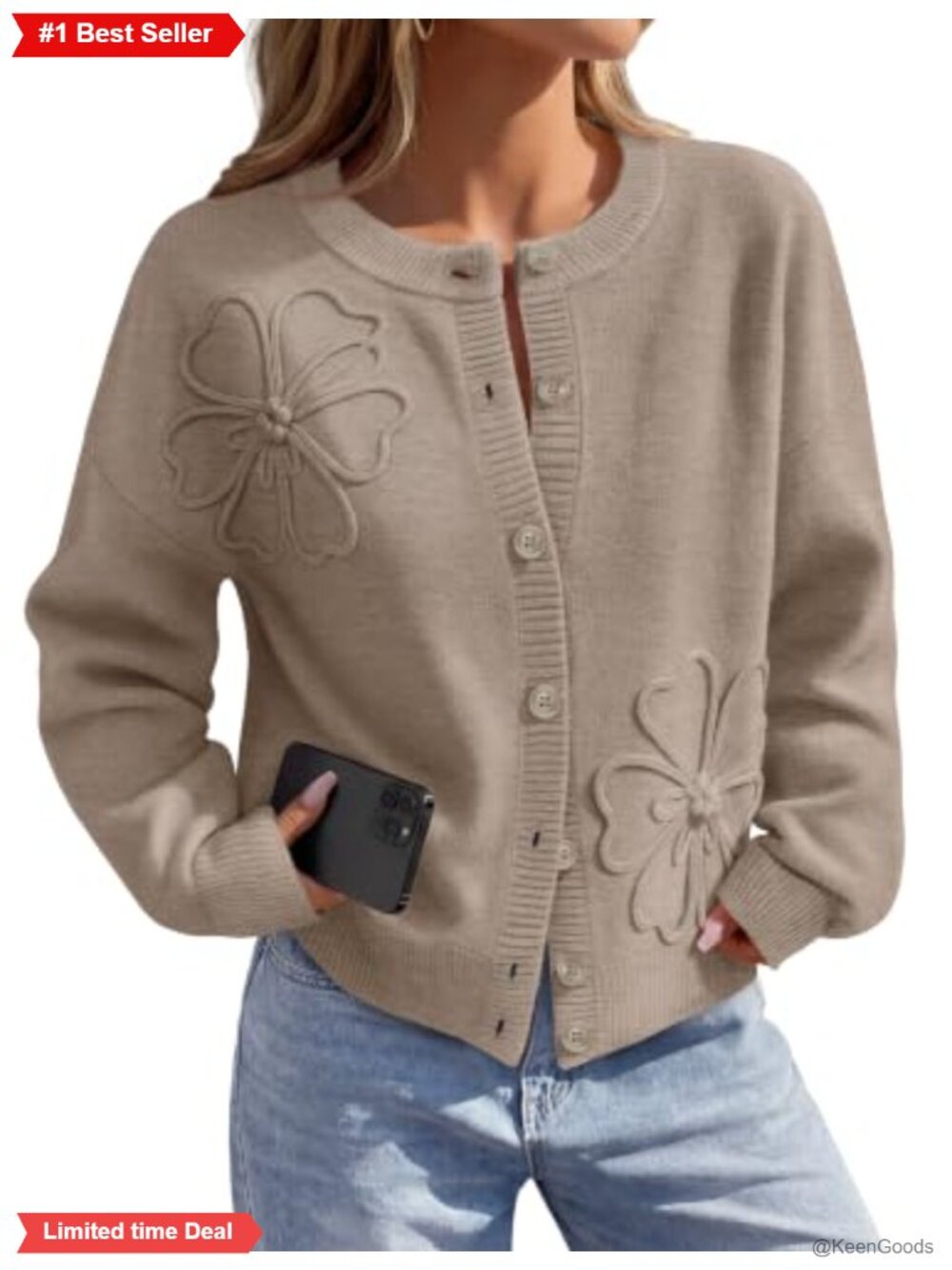 Women's Floral Button Up Cardigan Lantern Sleeve Crew Neck Fall Winter Knit